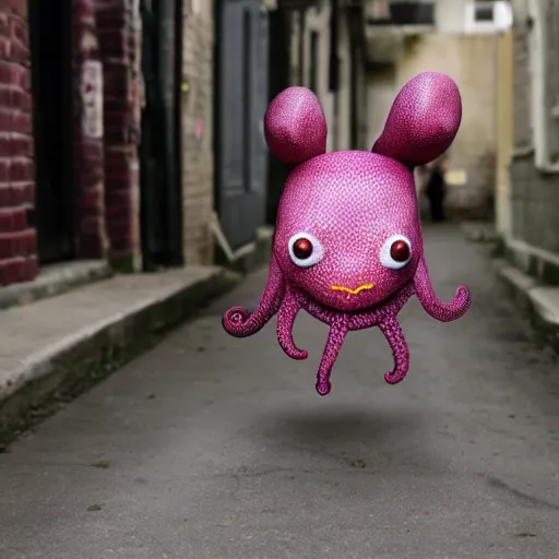 Prompt: fully clothed octopus dog walking down an alley