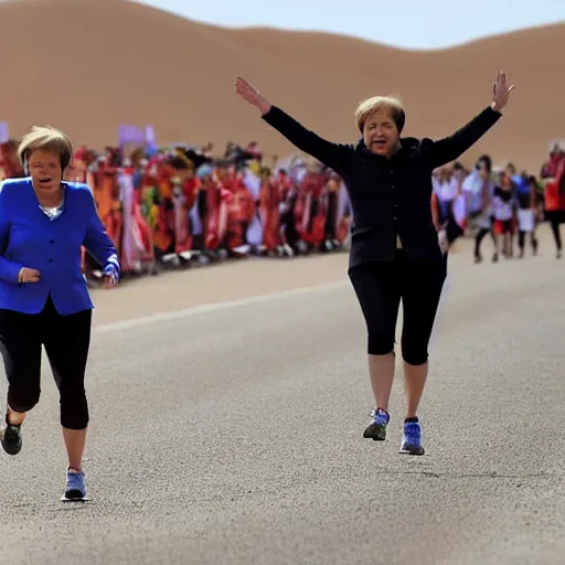 Image similar to angela merkel running marathon in sahara, hands in air, screaming and shouting