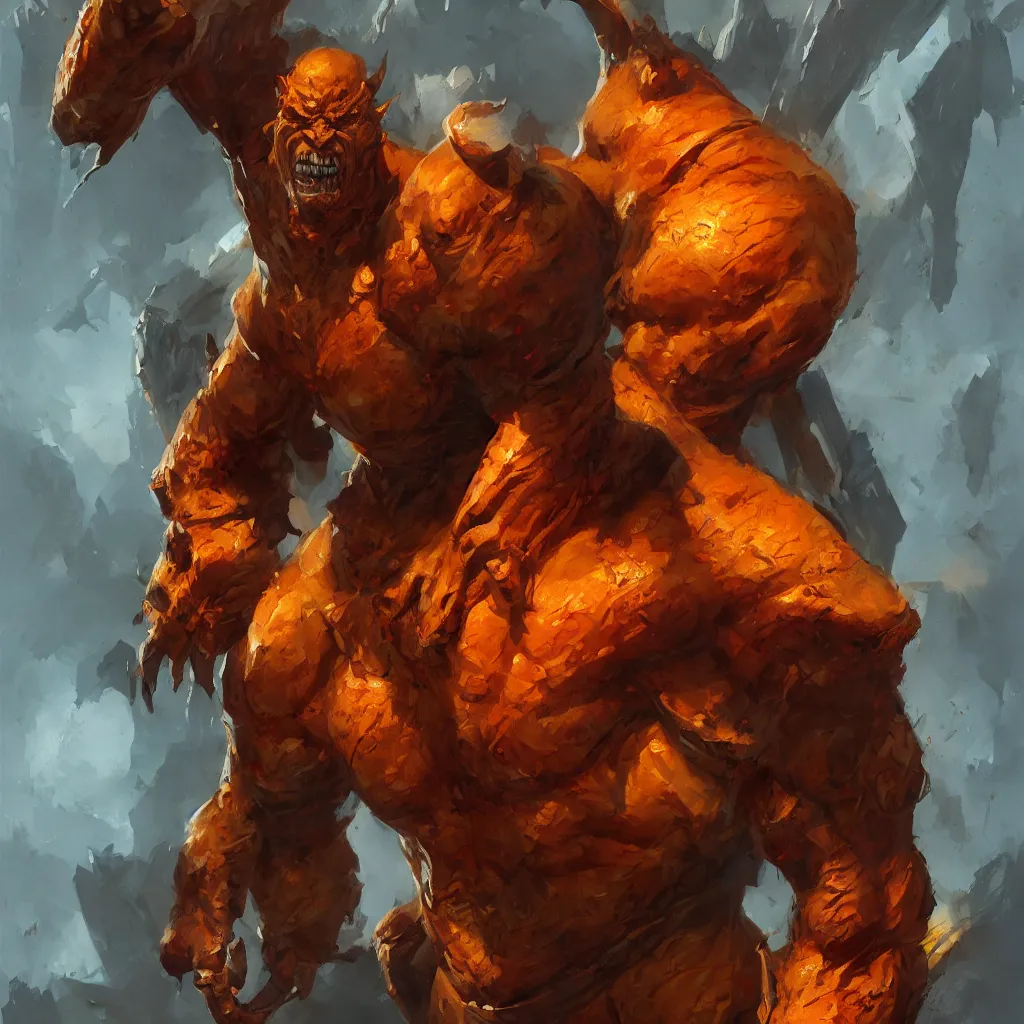 Prompt: tall, lean handsome orc. His skin is a vibrant orange yellow by craig mullins, featured on artstation