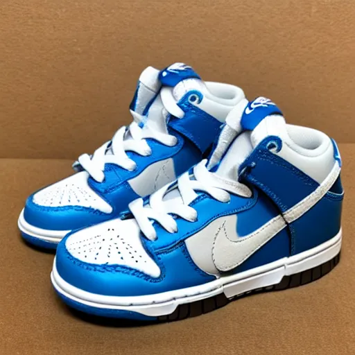 Prompt: a pair of nike dunk baby blue and white