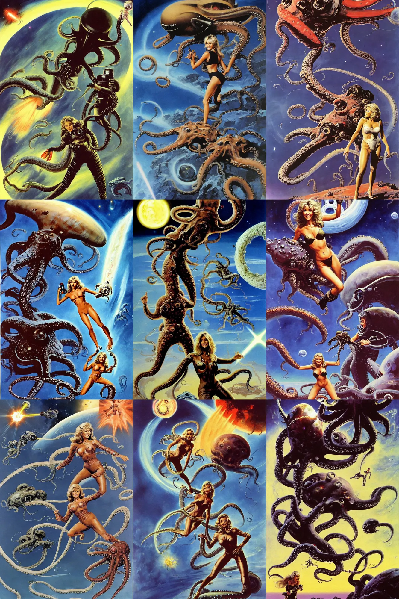 Prompt: heather locklear in a spacesuit flying around with her jetpack shooting her laser gun at a giant octopus monster from outer space, painting by frank frazetta