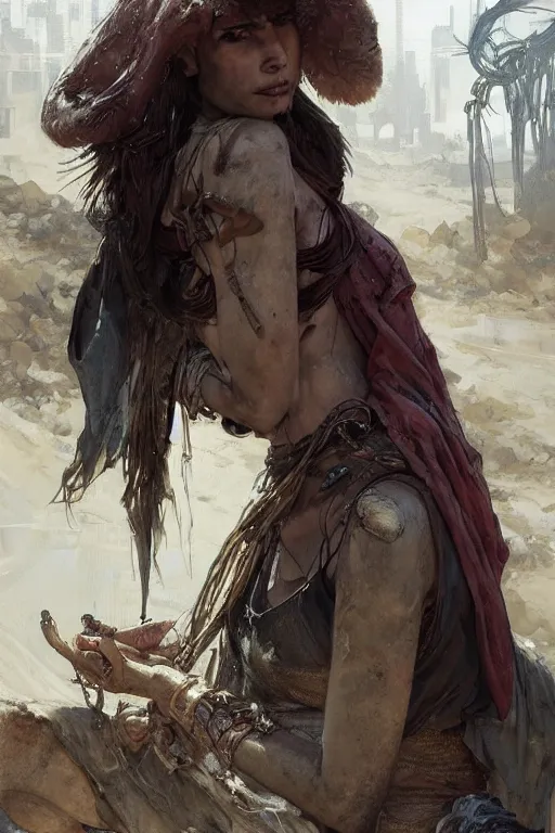 Prompt: a full body portrait of a beautiful post apocalyptic offworld criminal district bedouin blind pulp fiction scarlet wild rogue barbarian leper begging by the roadside, intricate, elegant, highly detailed, digital painting, artstation, concept art, smooth, sharp focus, illustration, art by krenz cushart and artem demura and alphonse mucha
