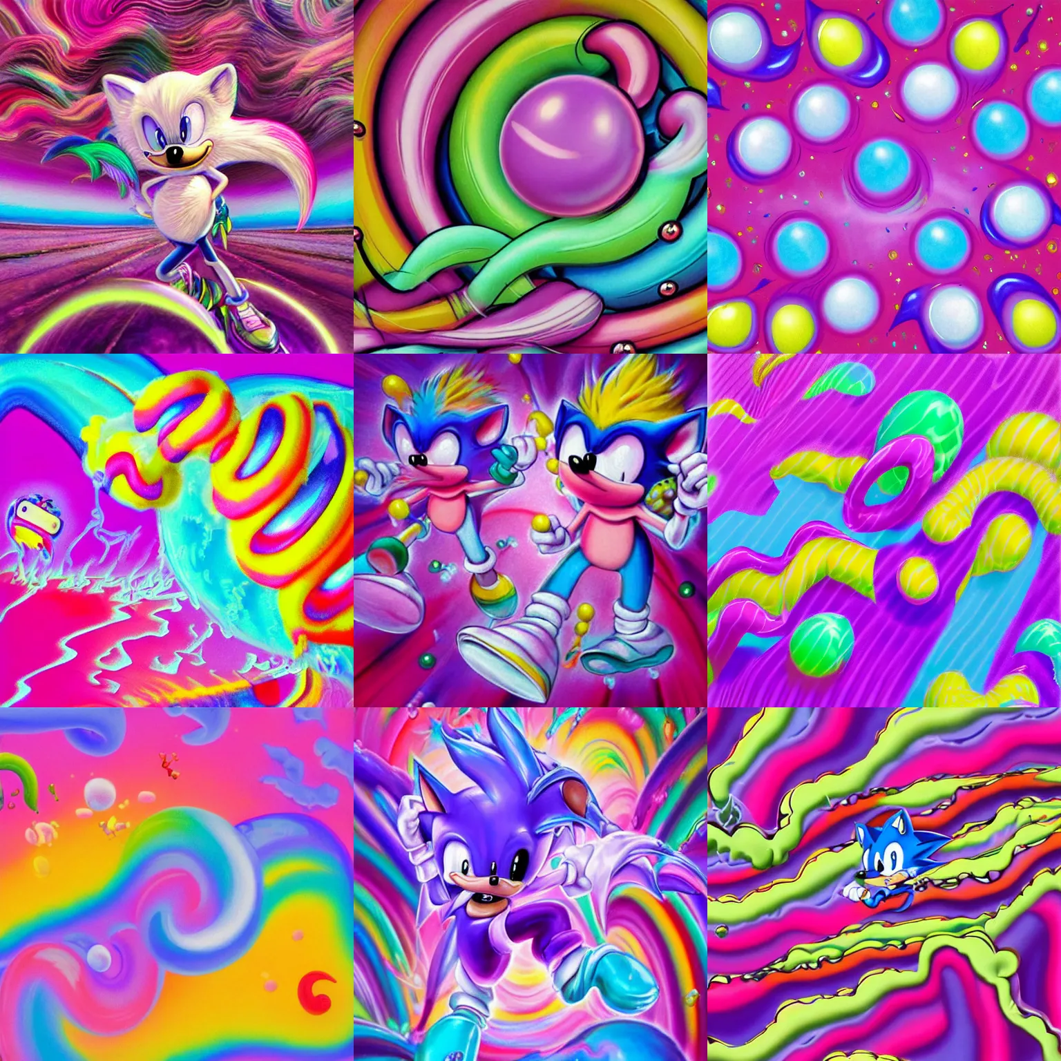 Prompt: cotton candy, surreal, sharp, detailed professional, soft pastels, high quality airbrush art album cover of a liquid bubbles airbrush art lsd taffy dmt sonic the hedgehog dashing through cotton candy, purple checkerboard background, 1 9 9 0 s 1 9 9 2 sega genesis rareware video game album cover, drop shadows