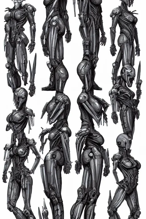 Image similar to arcee transfomers with gunmetal grey skin, medical anatomy, very symmetrical face, highly detailed, mecha, three - perspective / three - view reference sheet ( front / back / side ), in the style of dan ouellette, hr giger, sil from species, dren from splice, biomechanical, artstation, unreal engine