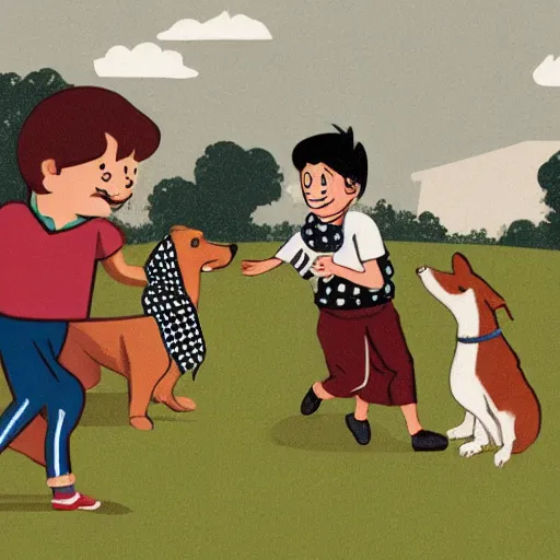 Image similar to illustration of french boy in paris playing football against a corgi, the corgi is wearing a polka dot scarf