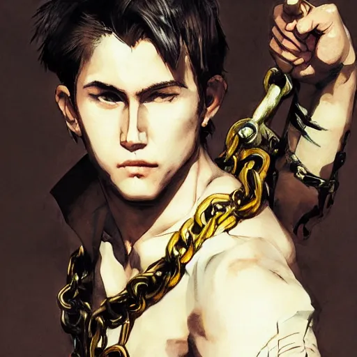 Image similar to portrait of a young white hero using his right arm to hold his sword covering his eye by yoji shinkawa, high quality, extra details, realism, ornate, colored, golden chain, blood, white skin, short hair, brown eyes, vivid, sunlight, dynamic, american man, freedom, white american soldier, painting