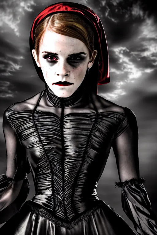 Image similar to dressed emma watson, a sinister demonic queen of cenobites, symmetrical, cinematic, elegant, demonic atmosphere, professional studio light, real dlsr photography, sharp focus, costume made by clive barker, real rotten flesh, blood and bones, 4 k, ultra hd, sense of awe