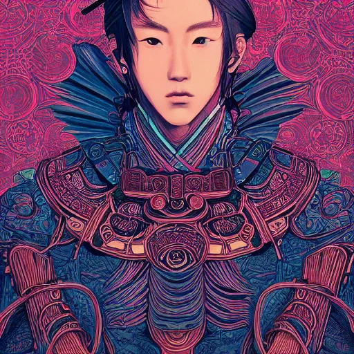 Image similar to the portrait of an unbelievably beautiful, elegant, sensual, and sophisticated young japanese samurai, an ultrafine detailed illustration by james jean, intricate linework, bright colors, final fantasy, behance contest winner, vanitas, angular, altermodern, unreal engine 5 highly rendered, global illumination, radiant light, detailed and intricate environment