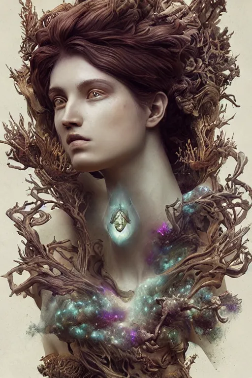 Prompt: mysterious detailed cgi matte painting tanned female space empress of the andromeda, by ellen jewett, alessio albi | symmetrical features, ominous, kawaii, photorealism, intricate, ornate, royally decorated, organic, growth, whirling gasses, glowing particles, refractive adornments, colorful torn nebulas, radiant vibrant colors