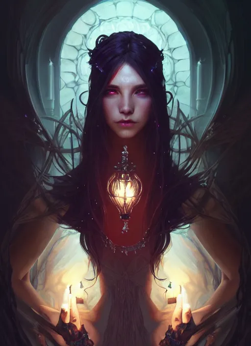 Image similar to Necromancer Sorceress, fantasy magic, undercut hairstyle, dark light night, intricate, elegant, sharp focus, illustration, highly detailed, digital painting, concept art, matte, art by WLOP and Artgerm and Greg Rutkowski and Alphonse Mucha, masterpiece