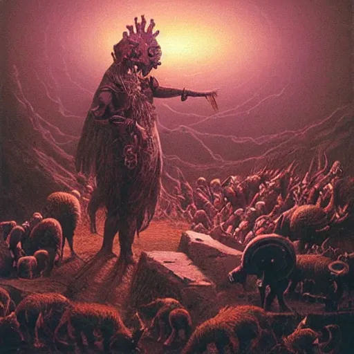 Prompt: ultra realistic painting of harold h. hamlet fending off the corrupted soldiers of recda, the last witch of the north on the mountain of gratsville but the great swine of the seventh sun is casting a spell to cause a catastrophe, by beksinski