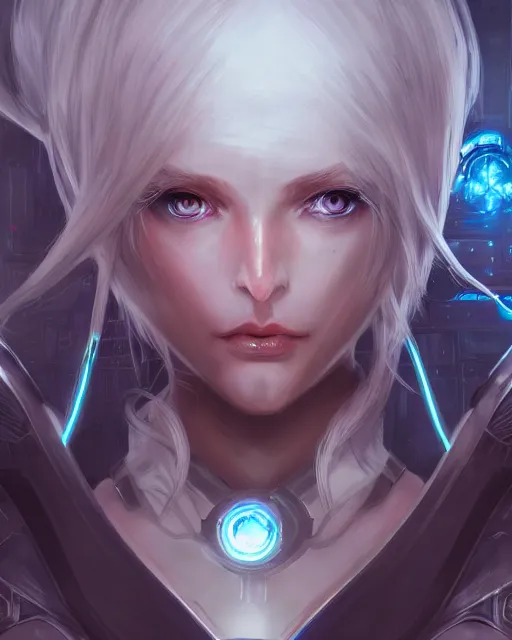 Prompt: holy cyborg necromancer girl, elegant, perfect face, scifi, futuristic, utopia, garden, illustration, atmosphere, warframe, blue eyes, white hair, focused, artstation, nier automata, highly detailed, art by yuhong ding and chengwei pan and serafleur and ina wong