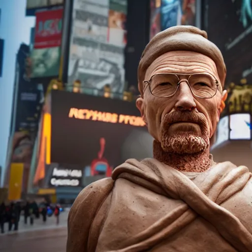 Prompt: a photograph of a very detailed renaissance clay sculpture of walter white wearing a phrygian cap in times square, made by michelangelo, shot from the distance, hyper detailed, sharp focus, 8 k resolution, ray tracing