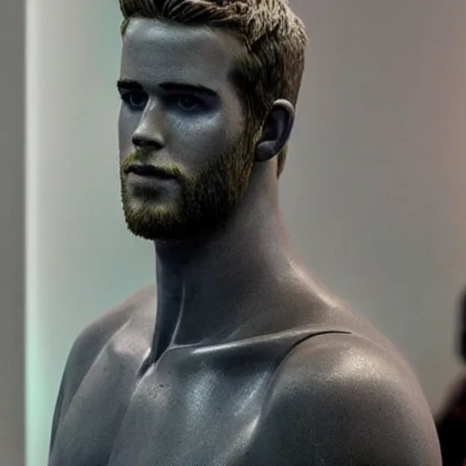 Image similar to “ a realistic detailed photo of a guy who is an attractive humanoid who is half robot and half humanoid, who is a male android, actor liam hemsworth, shiny skin, posing like a statue, blank stare, at the museum, on display ”