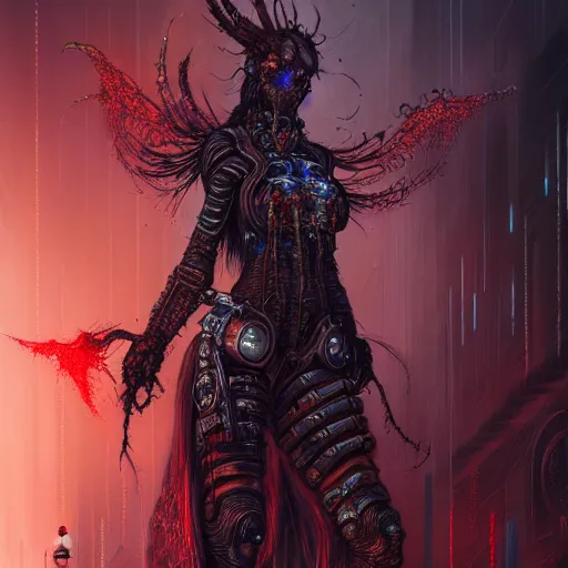 Image similar to a highly detailed long shot photo of chthonic cyberpunk! warcraft female character by ayami kojima, beksinski, giger, intricate, digital painting, artstation, intricate, concept art, smooth, sharp focus, illustration