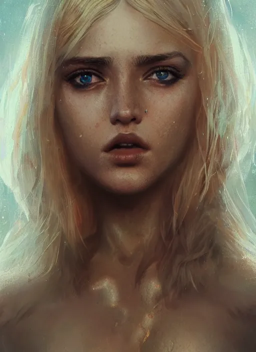 Image similar to blond girl hell spawn at the fiery pits of hell, flawless symmetrical pretty cute face, ana de armas, greg rutkowski, 8 k, shallow depth of field, intricate detail, concept art,