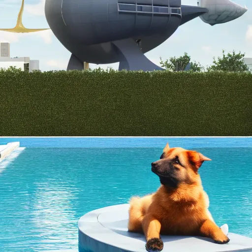 Prompt: a swanky gsd puppy relaxing at a swanky pool on a swanky penthouse rooftop with a futuristic blimp anchor in the background, 8K, 4K, photorealistic, ultrarealistic, UE5, Octane, 3D, digital art, RTX, Ray Tracing, Bokeh, happening vibe