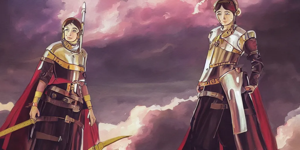 Prompt: An epic fantastic realism comic book style painting of a medieval woman ship pilot, wearing shiny breastplate, ship at sea, Kimi no Na Wa, dynamic lighting