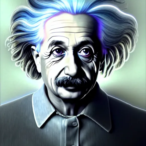 Prompt: portrait painting of albert einstein as a cyberpunk technician with a halo and devil horns, ultra realistic, concept art, intricate details, eerie, highly detailed, photorealistic, octane render, 8 k, unreal engine. art by artgerm and greg rutkowski and magali villeneuve and alphonse mucha