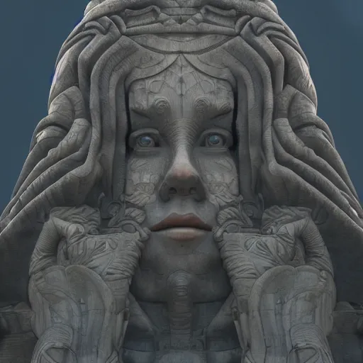 Prompt: giant carved stone woman detailed megastructure, full frontal view, expansive view, vivid colorful Hyperrealistic CGI Photorealistic cinematic volume lighting fanart on ArtStation concept art, slutcore, ancient aliencore,