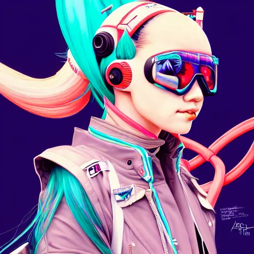 Image similar to high quality high detail 3 / 4 portrait of a hatsune miku as diesel punk character in an futuristic world, techwear, tristan eaton, victo ngai, artgerm, rhads, ross draws, hyperrealism, intricate detailed, alphonse mucha, pastel colors, vintage, artstation