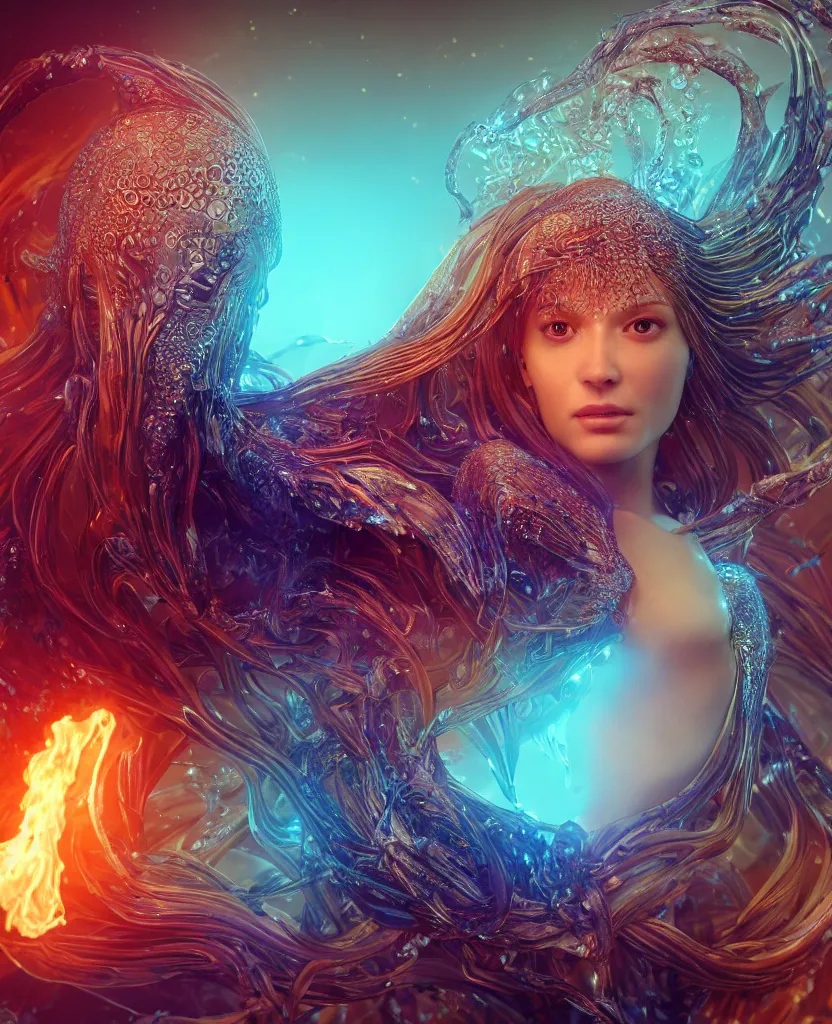 Image similar to close-up macro portrait of the face of a beautiful princess, epic angle and pose, symmetrical artwork, 3d with depth of field, blurred background, cybernetic jellyfish female face skull phoenix bird, translucent, nautilus, energy flows of water and fire. a highly detailed epic cinematic concept art CG render. made in Maya, Blender and Photoshop, octane render, excellent composition, cinematic dystopian brutalist atmosphere, dynamic dramatic cinematic lighting, aesthetic, very inspirational, arthouse. y Greg Rutkowski, Ilya Kuvshinov, WLOP, Stanley Artgerm Lau, Ruan Jia and Fenghua Zhong