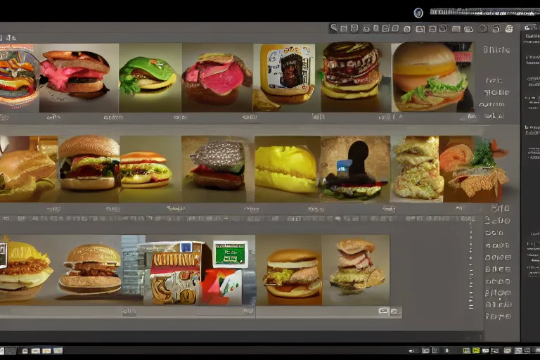 Image similar to hamburger themed gnu / linux desktop environment, linux mint, in 1 9 9 5, y 2 k cybercore, desktop screenshot