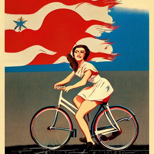 Image similar to portrait of young woman riding a bicycle in summer, soviet propaganda poster, hungarian flag in the background, colored, artgerm, highly detailed