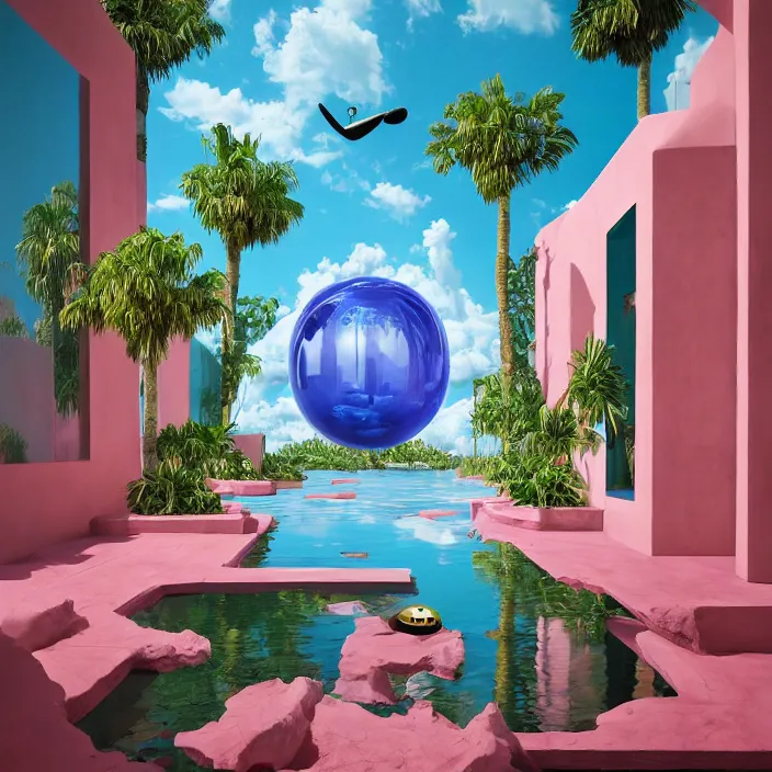 Image similar to hyperrealistic geometric objects in a surreal minimalistic 8 0's dreamscape environment by salvador dali, enormous emoji, highly detailed, 3 d render, octane, beautiful lighting, photorealistic, intricate, elegant, wayne barlowe, water, mirrors, pink doorway, beautiful, masterpiece, trending on artstation, palm tree