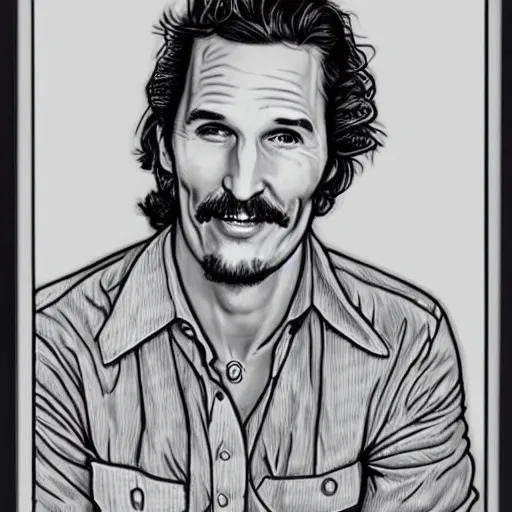 Image similar to a portrait drawing of Mathew McConaughey drawn by Robert Crumb