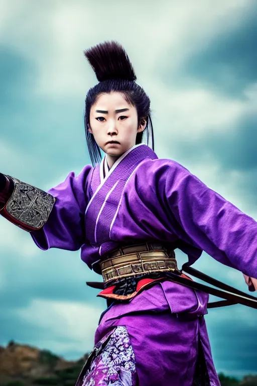 Image similar to highly detailed beautiful photo of a young female samurai, practising sword stances in front of a warzone, symmetrical face, beautiful eyes, purple hair, realistic anime art style, 8 k, award winning photo, happy colours, action photography, 1 / 1 2 5 shutter speed, dramatic lighting