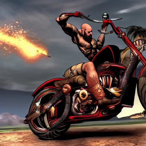 Image similar to kratos jumping a black harley - david motorcycle off a cliff