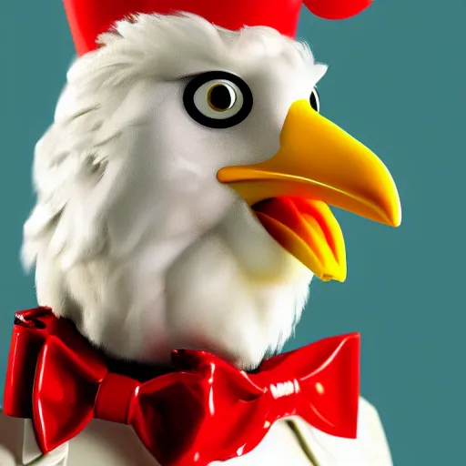 Image similar to a chicken dressed up as colonel sanders as a chicken dressed in the colonel sanders uniform as a chicken, realistic, hyperrealistic, ultra realistic, real, real world, highly detailed, very detailed, extremely detailed, intricate details, 8 k resolution, hd quality