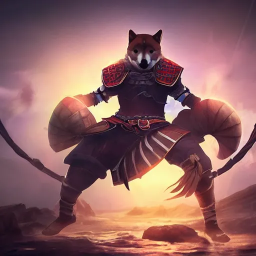 Image similar to shiba inu samurai warrior as a league of legends character, michael maurino, alex flores, paul kwon, cinematic, highly detailed, concept art, 3 d cgi, dramatic lighting, focus, smooth, heroic, hyper realistic background