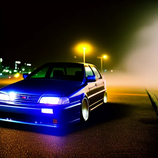 Image similar to a car JZX90 at illegal car meet, Chiba prefecture, city midnight mist lights, cinematic color, photorealistic, highly detailed, 50MM