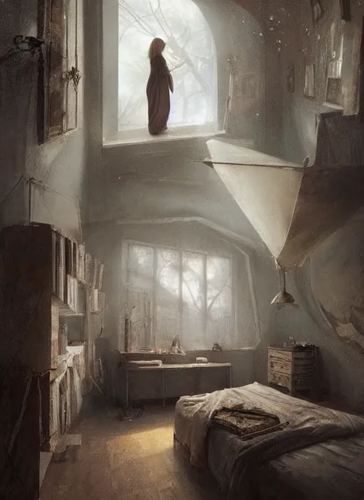 Image similar to a dreary bedroom where the wall behind the bed melts away to reveal fantastical scenes of dreams, dreams invading mundane spaces, fantasy infiltrating reality, bubbles of the impossible, swirls of magic, 8k, ultradetailed, illustrated by Greg Rutkowski and Caspar David Friedrich.