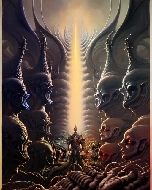 Image similar to a portrait of the armies of good and evil, fantasy character portrait made of fractals facing each other, ultra realistic, wide angle, intricate details, the fifth element artifacts, highly detailed by peter mohrbacher, hajime sorayama, wayne barlowe, boris vallejo, aaron horkey, gaston bussiere, craig mullins