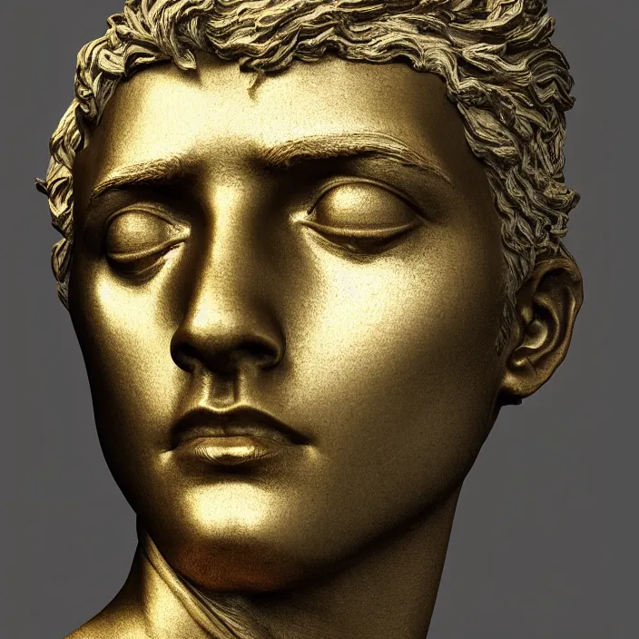 Image similar to stoic statue with empty eyes and a trail of tears made out for gold, vaporwave, aesthetic, naturel, hyper detailed, digital sculpture, trending in artstation, cinematic lighting, studio quality, smooth render, unreal engine 5 rendered, octane rendered, art style by klimt and nixeu and ian sprigger and wlop and krenz cushart