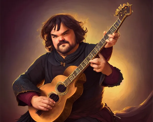 Image similar to photography of jack black as a bard with a guitar singing 8 k, deep focus, d & d, fantasy, intricate, elegant, highly detailed, digital painting, artstation, concept art, matte, sharp focus, illustration, hearthstone, art by artgerm and greg rutkowski and alphonse mucha