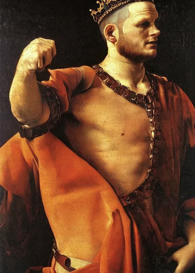 Prompt: a portrait of a Paul Gascoigne when he was 25 years old , with an armor and a crown,full body shot, oil painting in a renaissance style , light dark, dark background , epic, very detailed, painted by Artemia Gentileschi , Caravaggio, Titian, Rembrandt.