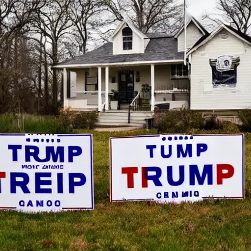 Prompt: house by the road with signs that say trump 2060