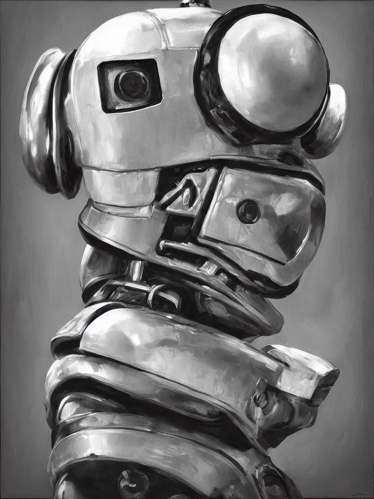 Image similar to “A perfectly centered beautiful black and white portrait oil painting of a retro-futuristic robot in Los Angeles”