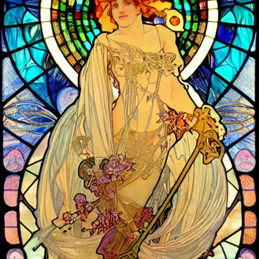 Prompt: burning man, goddess of travel, car, steering wheel, driving gloves, intricate, stained glass by alphonse mucha