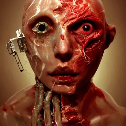 Prompt: , flesh box with wires sticking out, meat box, clump of flesh, a computer made out of flesh, computer made out of flesh, skin on the gaming pc, personal computer horror, server, electronic, skinned alive, blood, intricate, highly detailed, digital painting, artstation, concept art, smooth, sharp focus, illustration,