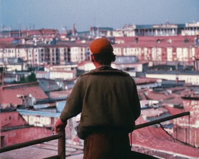 Image similar to lomo photo of man standing on the roof of soviet hrushevka, small town, cinestill, bokeh, out of focus