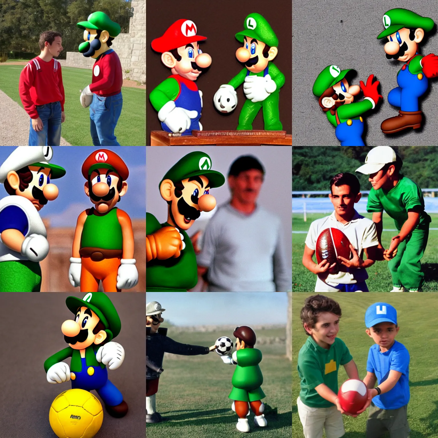 Prompt: luigi presenting mario a football made of stone