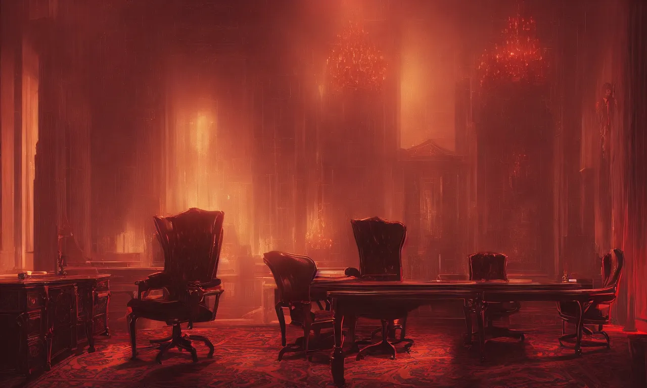 Prompt: demonic executive office with high back chair with onyx finishes, by asher brown durand, trending on artstation, 8 k resolution, red lights, cyberpunk, demonic symbols