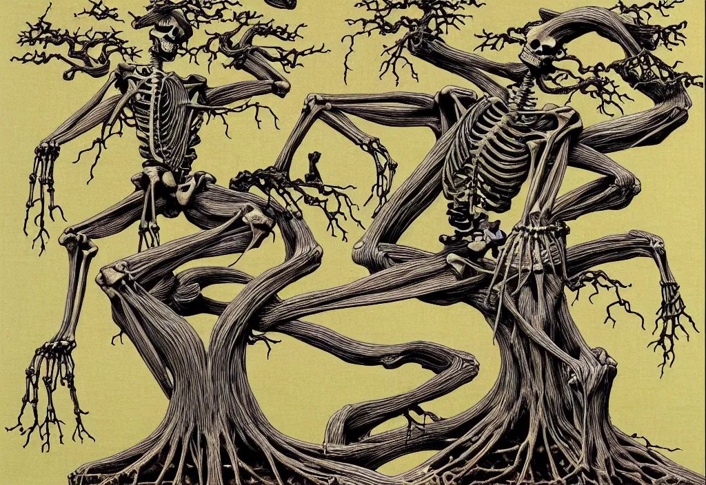 Image similar to prompt: anatomy dissection drawing skeleton and veins and organs Bonsai tree drawn by Takato Yamamoto, bonsai skeleton anatomy atlas, veins and organs attached to tree roots, alchemical objects inspired by 1980's sci-ci, old experimentation cabinet, intricate oil painting detail, manga 1980