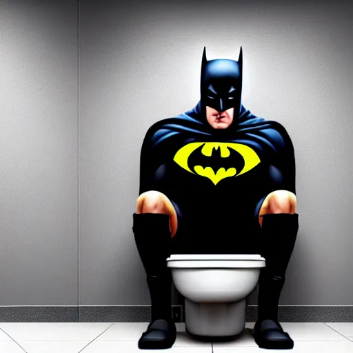 Image similar to low - angle shot from the ground of batman sitting on a toilet with pants down, dirty wall tiles, claustrophobic room, hyper - realistic comic digital art by tony daniel, dramatic lights, realistic, very very detailed, 4 k, dark colours