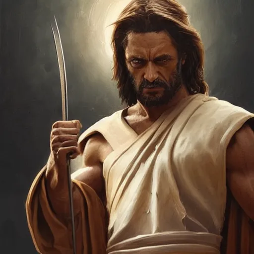 Image similar to Jesus Christ with wolverine clan claws . Highly detailed painting Greg rutkowski. Good clear quality, high detail, octagon render 8k